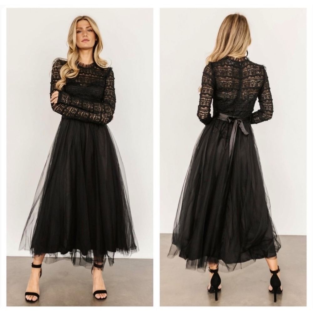 Baltic Born Lonnie Tulle Dress Womens M Black Lace Maxi Formal Evening Gown Goth
